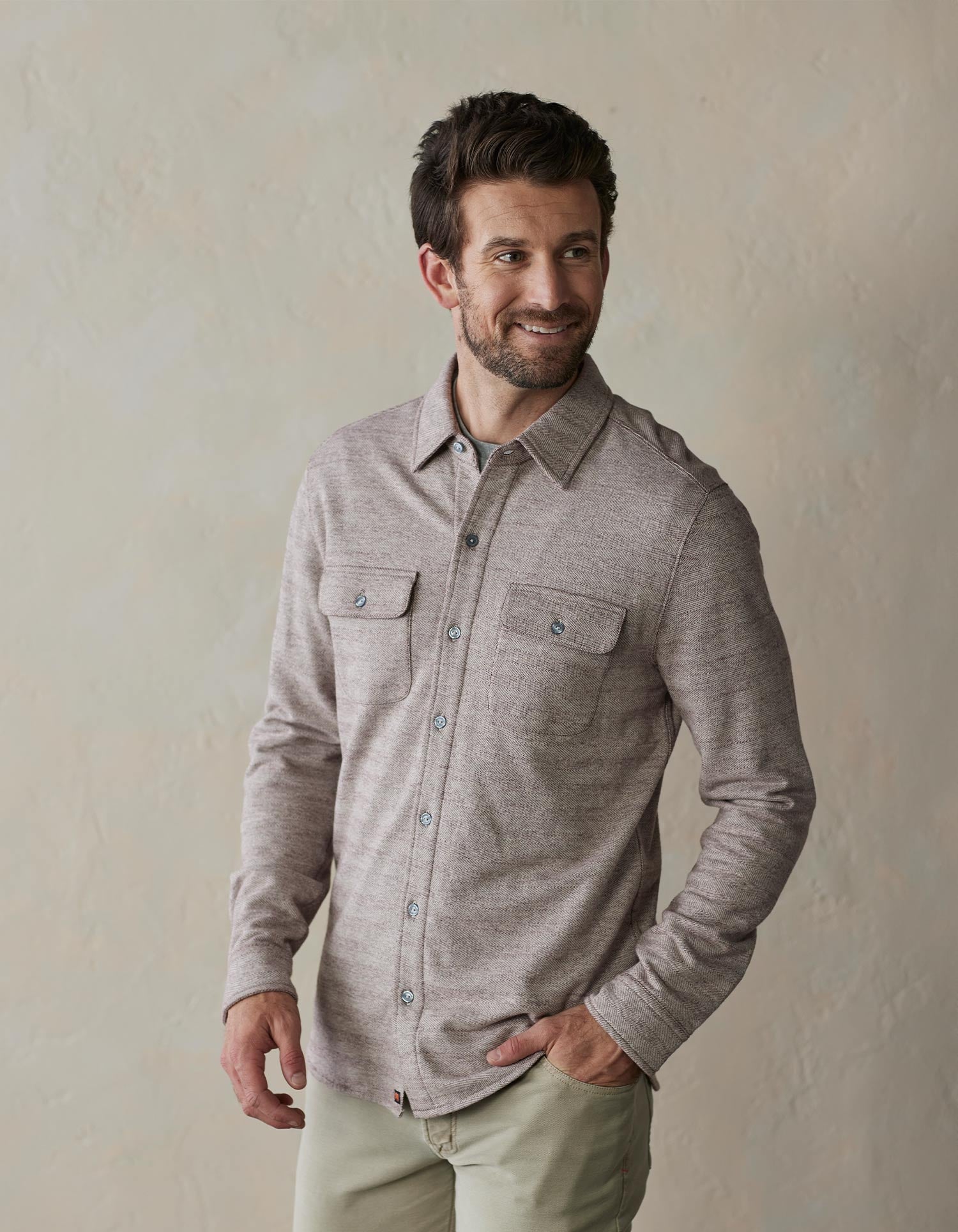 Aurora Base Men's Textured Knit Shirt - Desert Taupe front wearing view