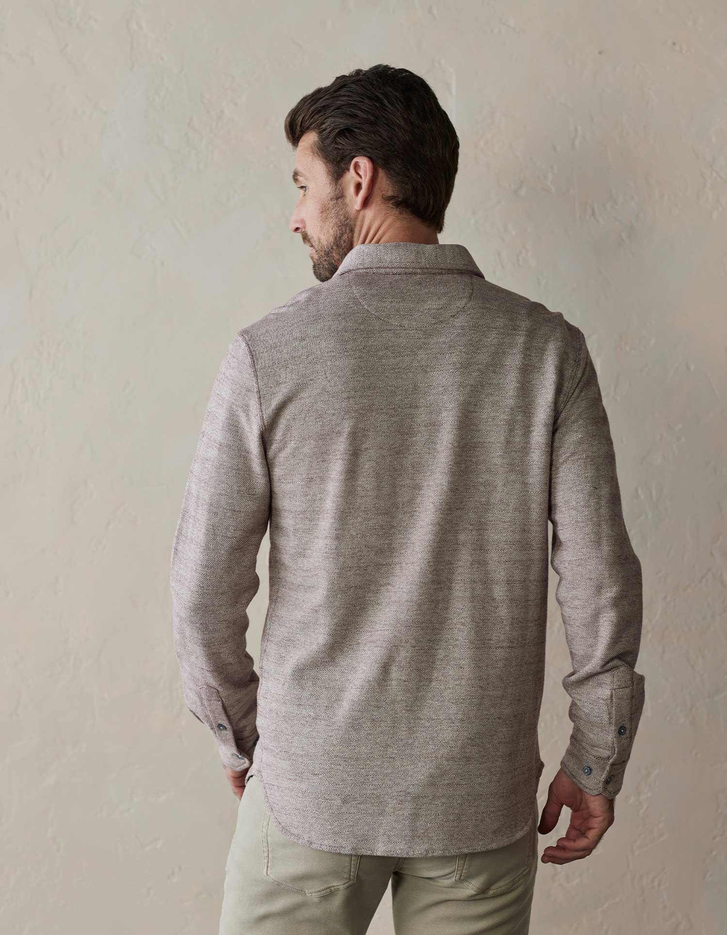Aurora Base Men's Textured Knit Shirt - Desert Taupe back wearing view