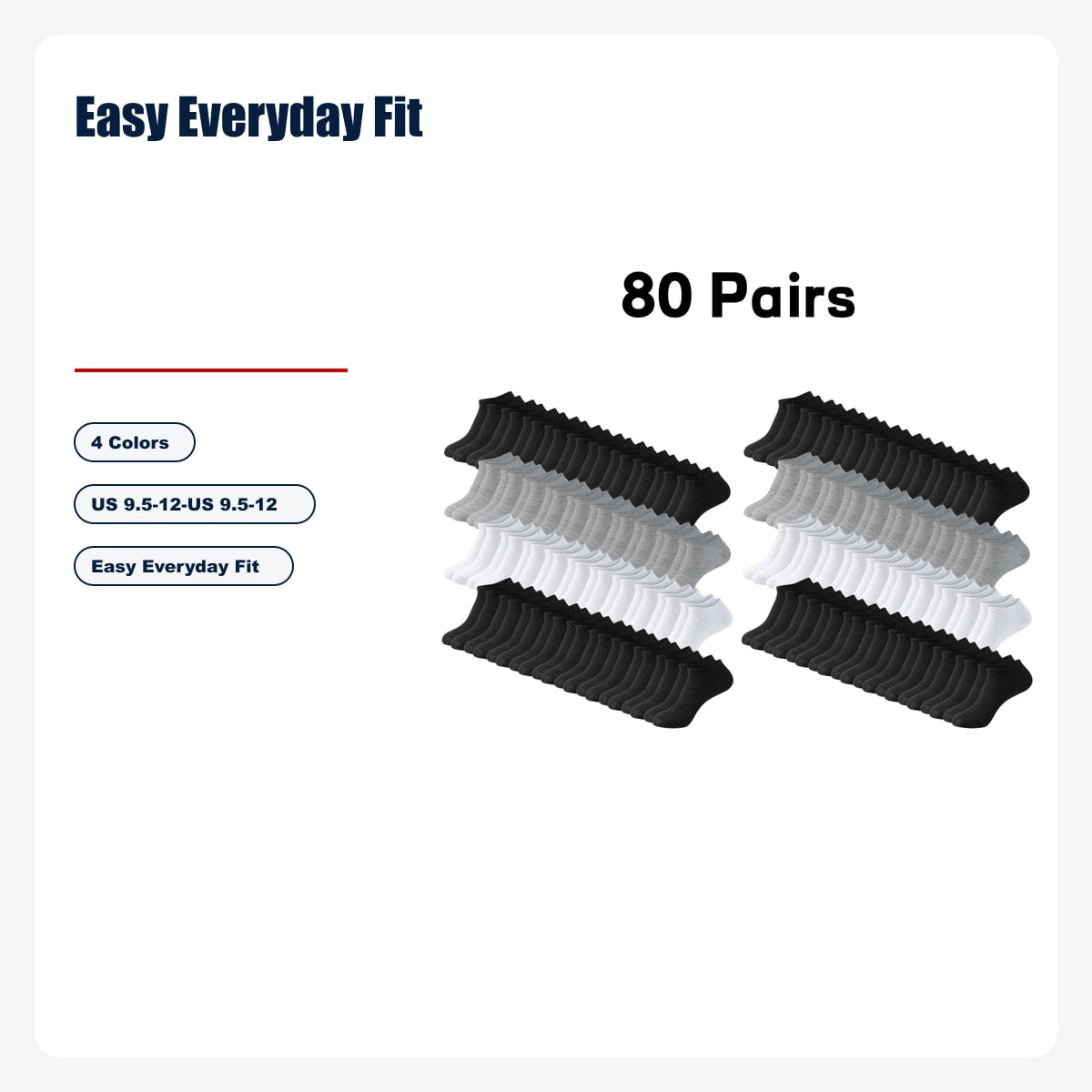Men's Plain Ankle Socks - 80-Pair Daily Value Pack - Easy Everyday Fit