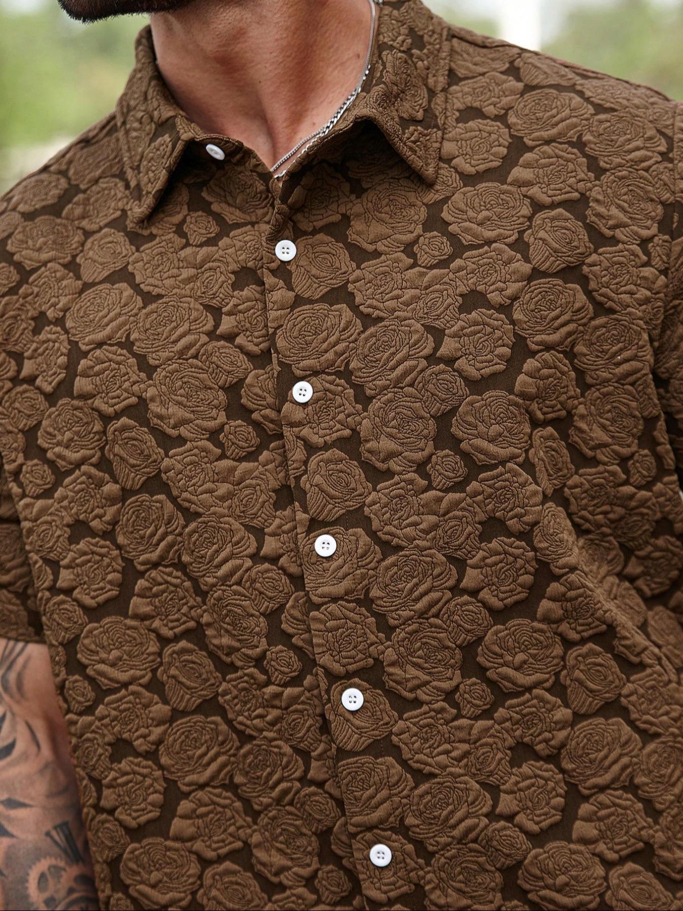 Men's Loose Rose Print Short Sleeve Shirt, Soft Comfy Button Front Collared Top for Summer, Men's Clothes for Daily Wear, Casual Menswear