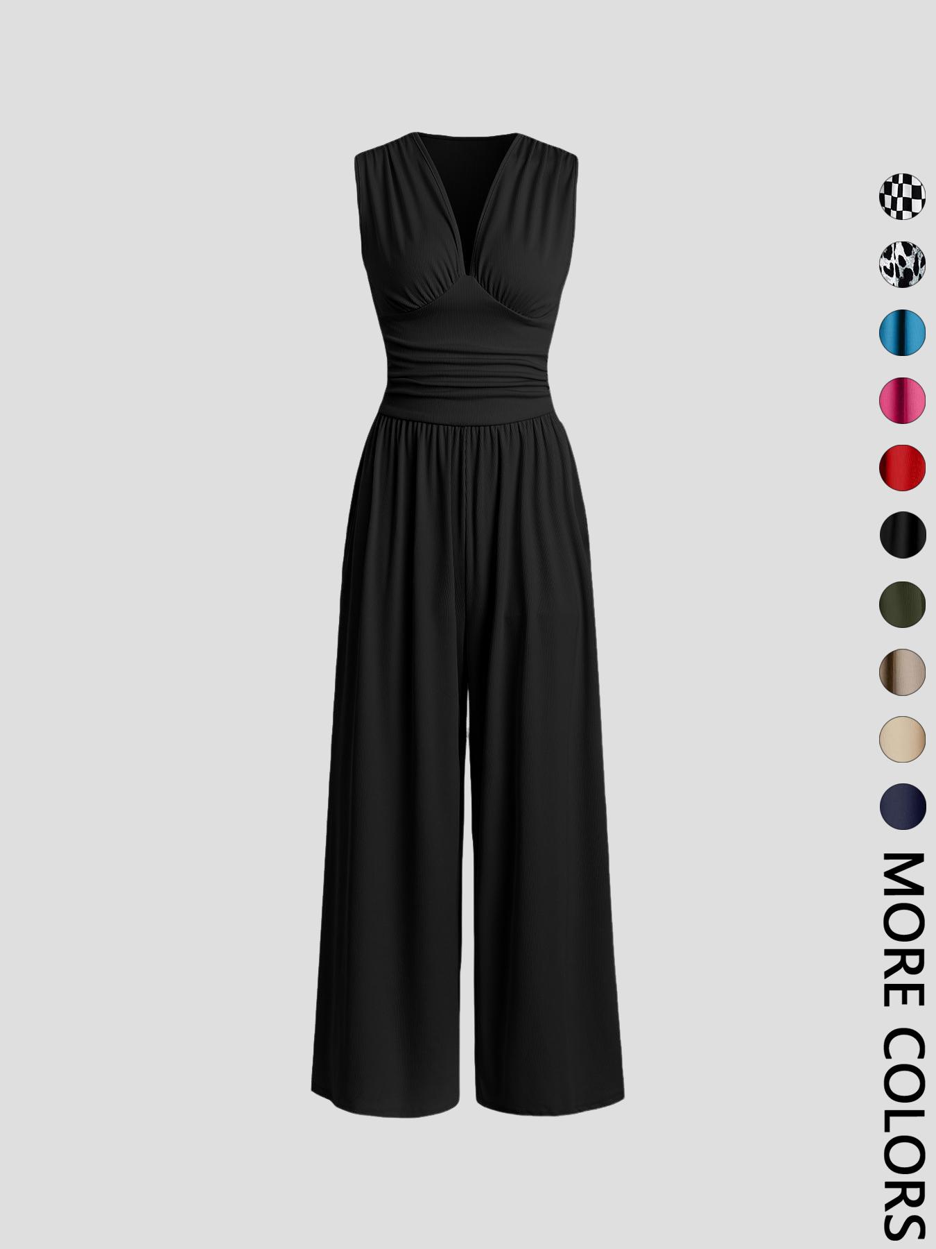 Women's Plain Ruched Deep V Neck Ribbed Fitted Jumpsuit, Elegant Sleeveless Wide Leg Jumpsuit for Summer, Ladies Clothes for Beach Holiday Vacation