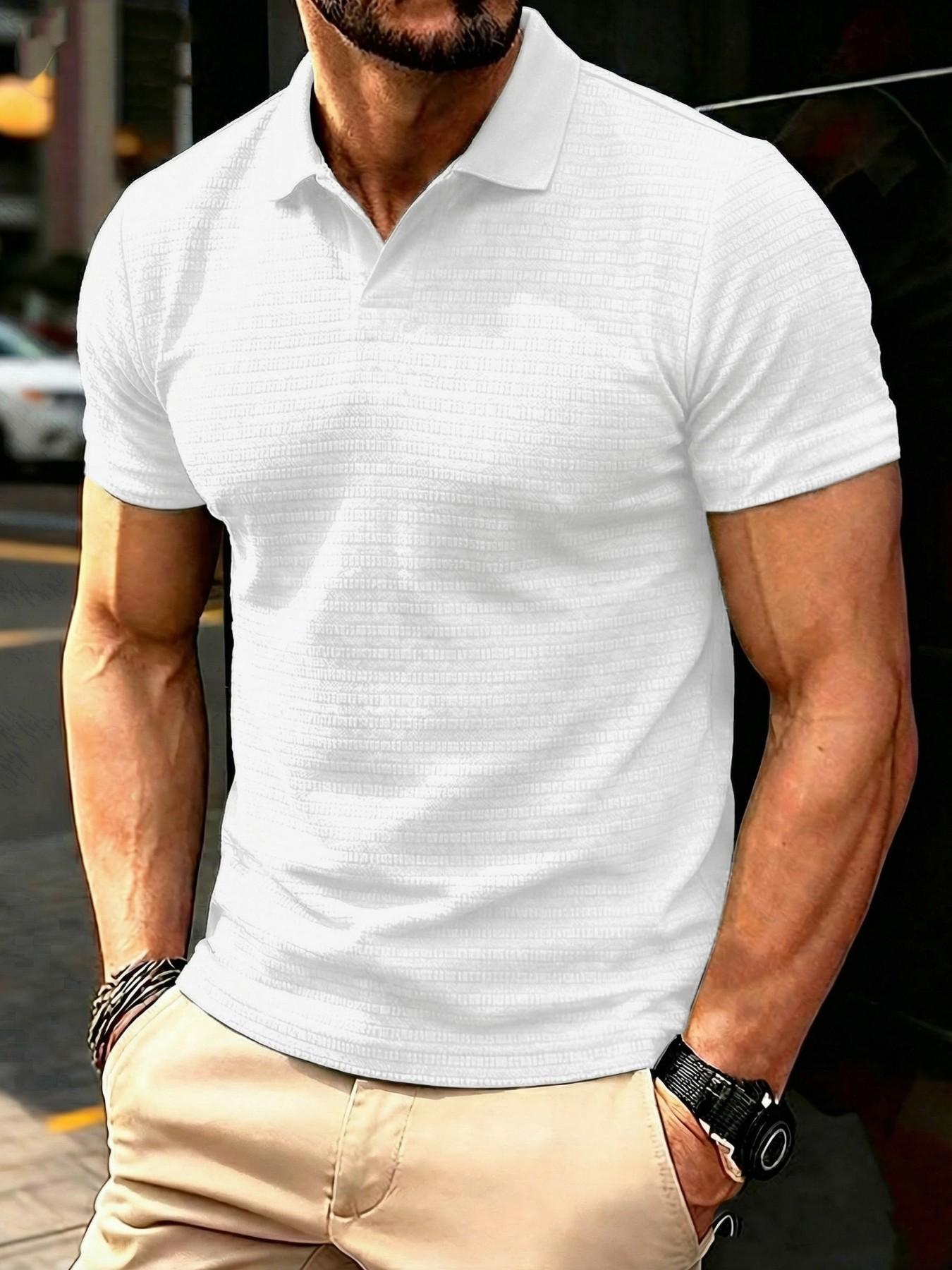 Men's Solid Jacquard Knit Polo Shirt, Regular Fit Casual Short Sleeve Collared Top for Summer, National Day Clothing, Fashion Menswear Men's Clothes for Daily Wear Men's Solid Jacquard Knit Polo Shirt, Regular Fit Casual Short Sleeve Collared Top for Summer, National Day Clothing, Fashion Menswear Men's Clothes for Daily Wear