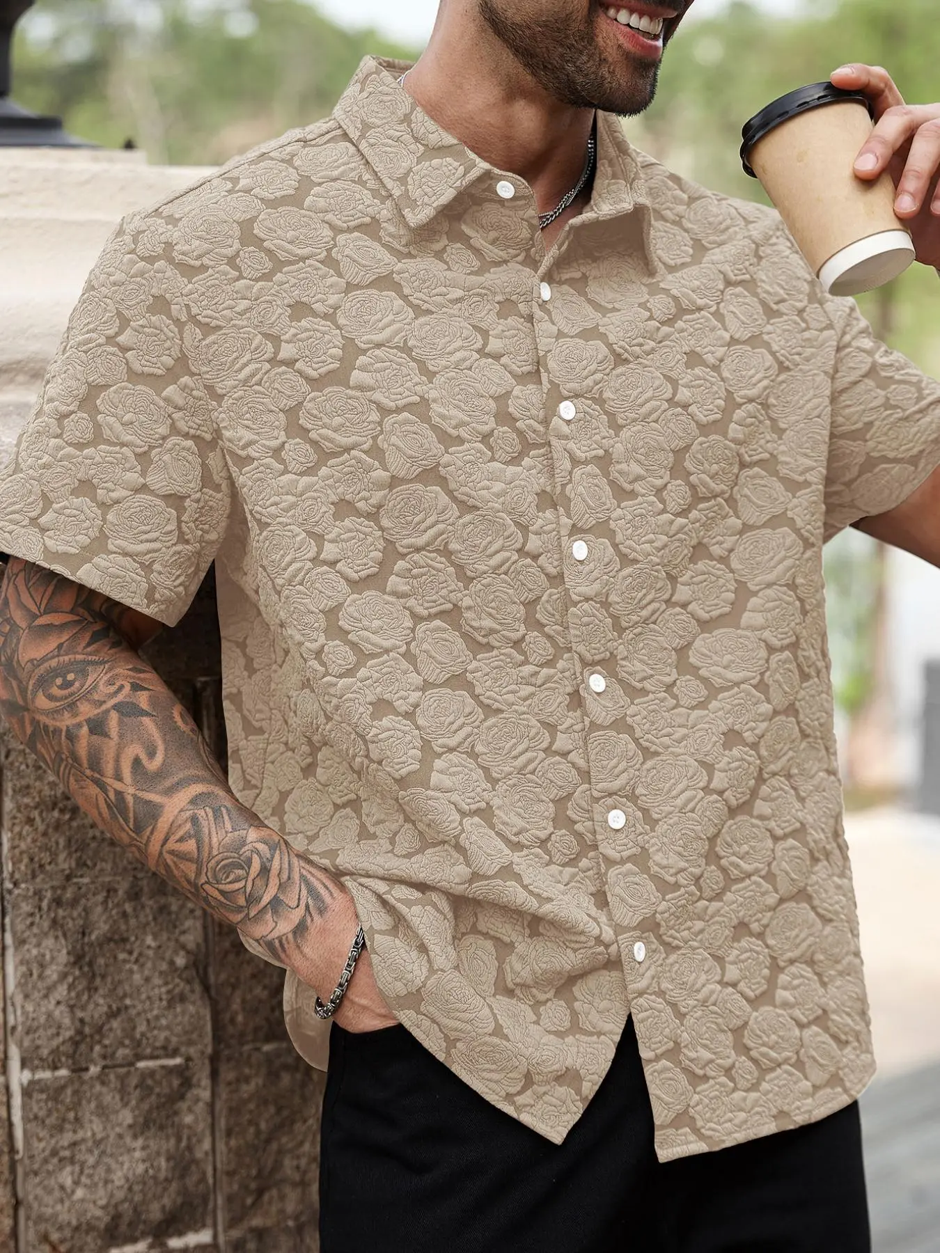Men's Loose Rose Print Short Sleeve Shirt, Soft Comfy Button Front Collared Top for Summer