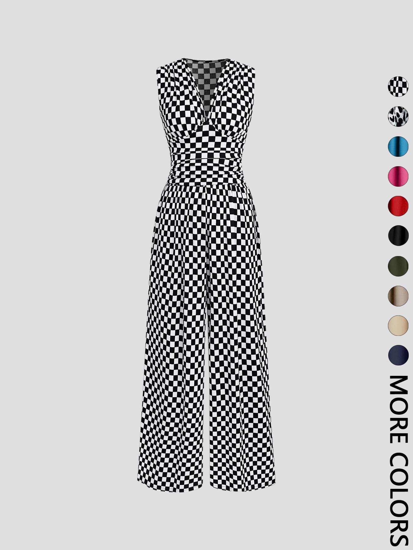 Women's Plain Ruched Deep V Neck Ribbed Fitted Jumpsuit, Elegant Sleeveless Wide Leg Jumpsuit for Summer, Ladies Clothes for Beach Holiday Vacation