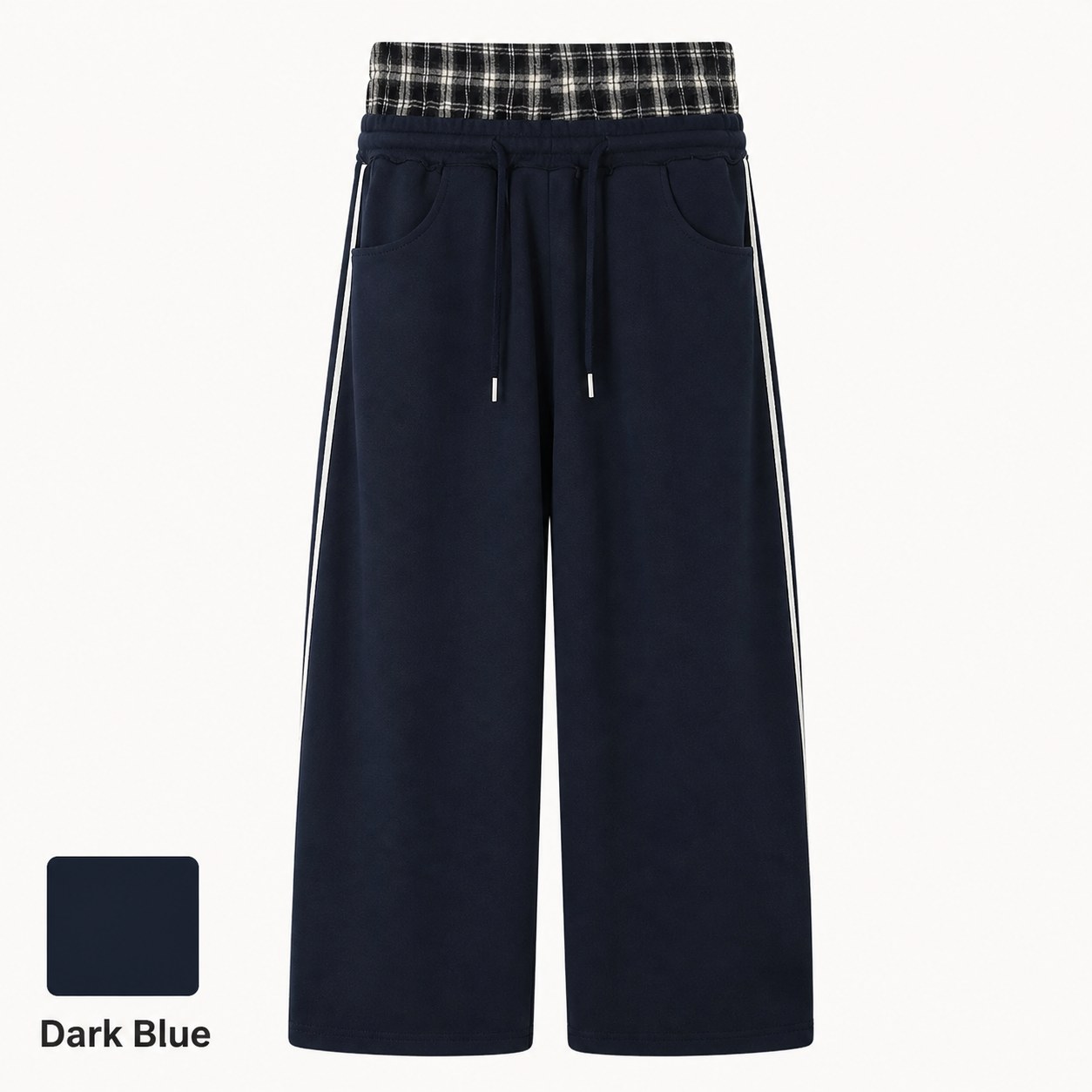 Plaid Patchwork Streetwear Sweatpants Regular Dark Blue Single Front Guide
