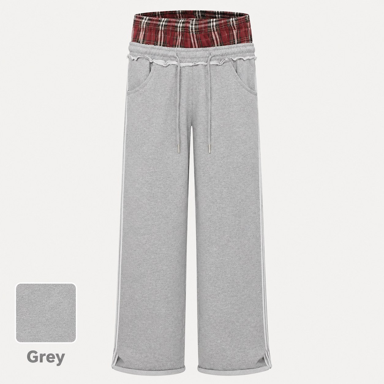 Plaid Patchwork Streetwear Sweatpants Regular Grey Single Front Guide
