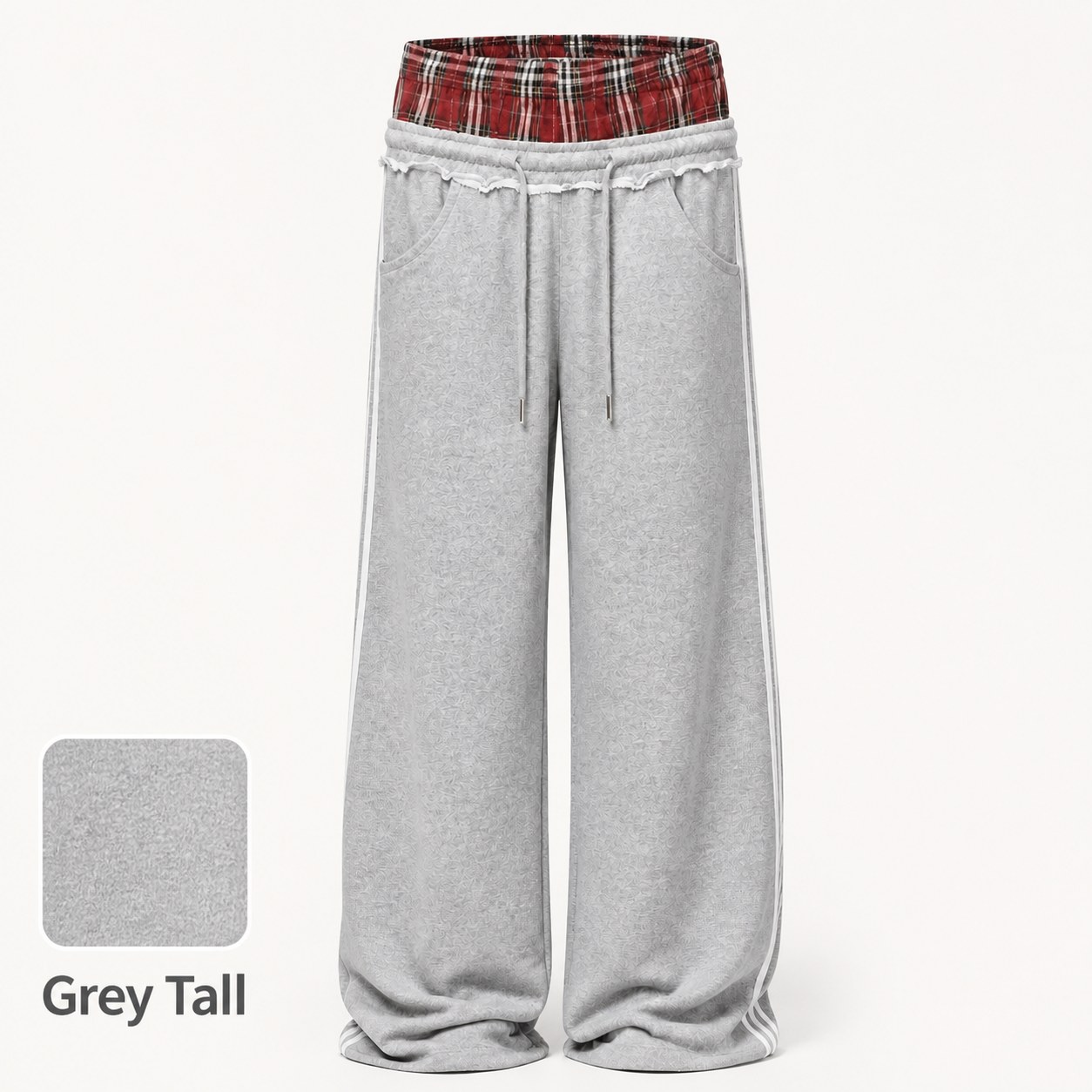 Plaid Patchwork Streetwear Sweatpants Tall Grey Front Guide