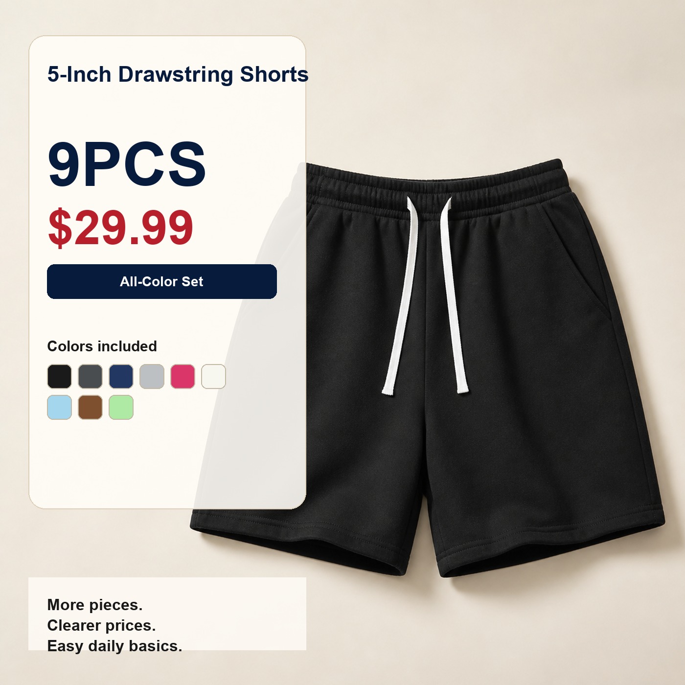 Unisex 5-Inch Drawstring Shorts 9PCS Sets 9PCS 5-Inch Drawstring Shorts Sets promotional main image