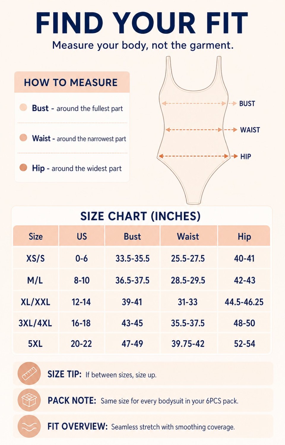 6PCS Seamless Shapewear Bodysuits Product Measurement Guide