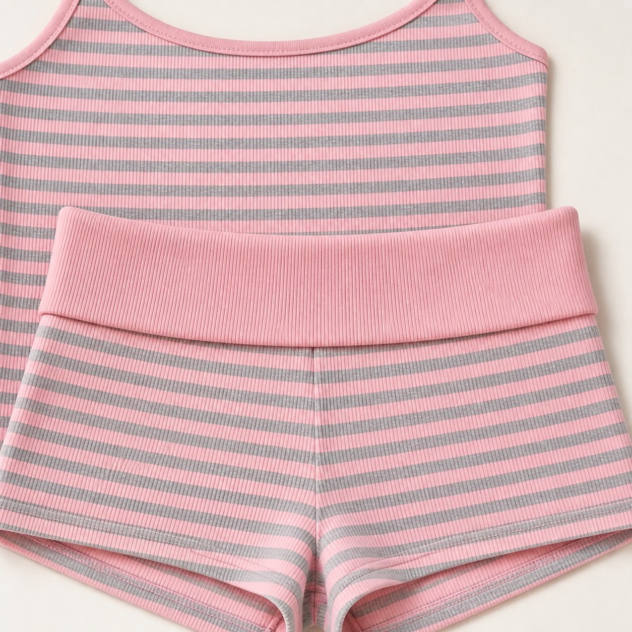 8PCS Striped Cami & Shorts Sets Fold Over Waist Detail