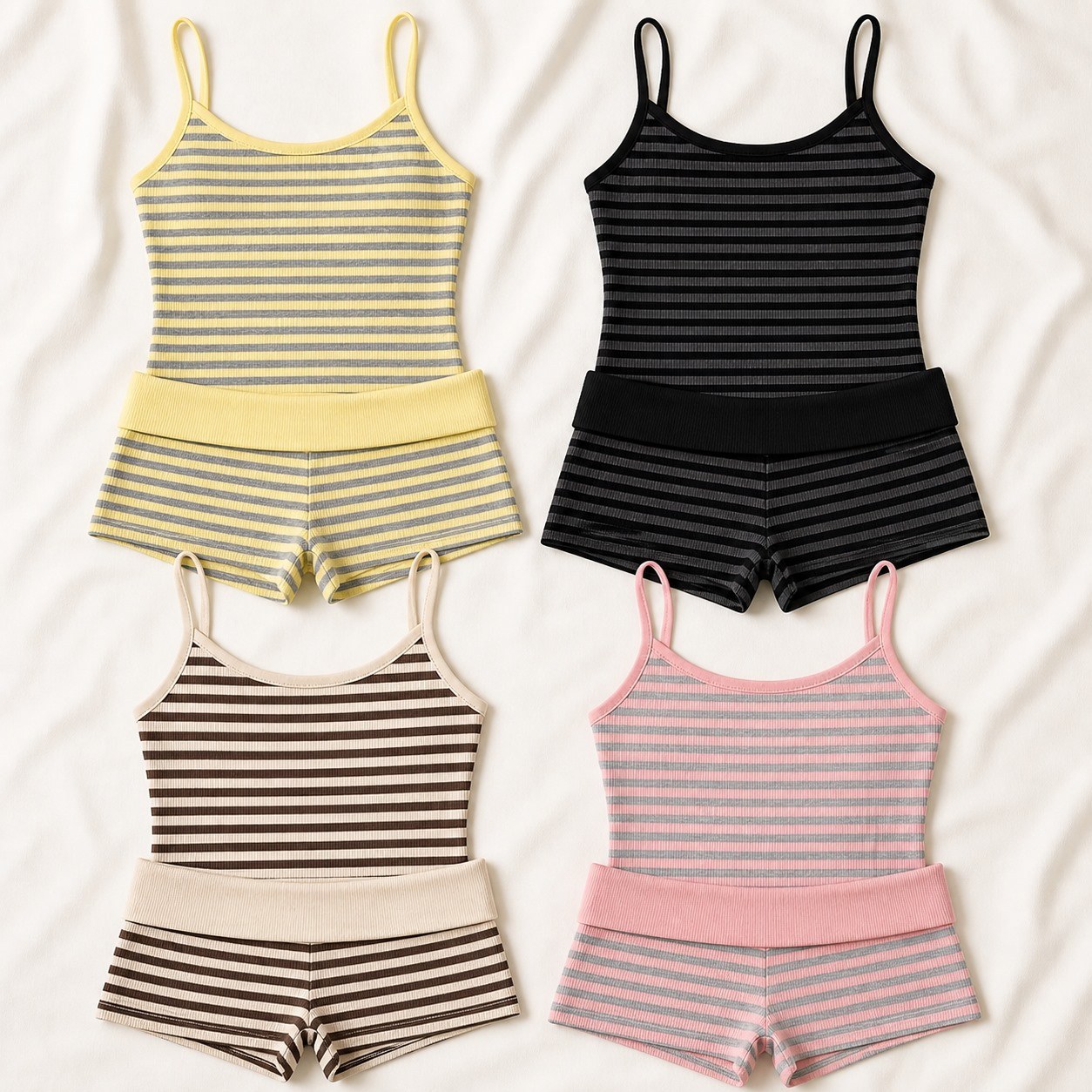 8PCS Striped Cami & Shorts Sets Four Color Front View