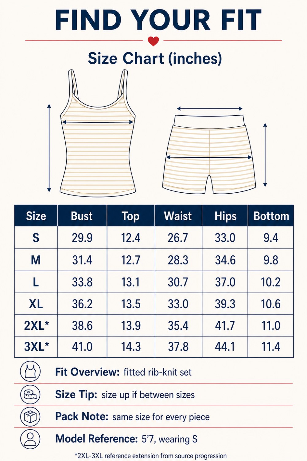 8PCS Striped Cami & Shorts Sets Product Measurement Guide