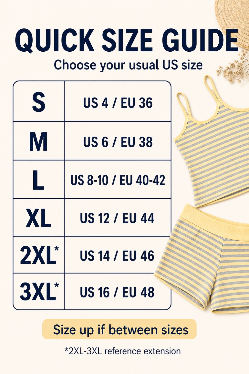 8PCS Striped Cami & Shorts Sets Quick Size Guide
