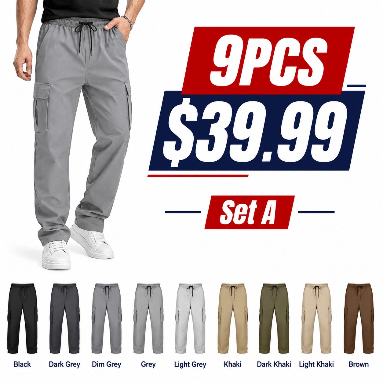 Men's Lightweight Cargo Pants 9PCS Sets Set A