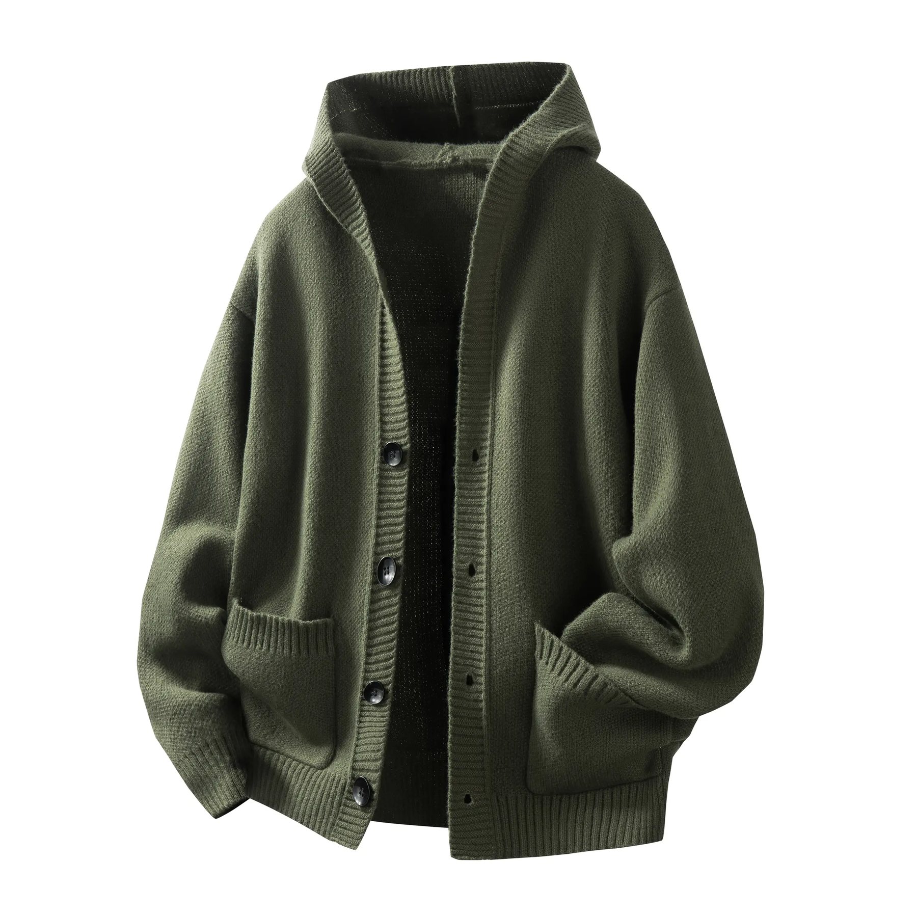 Men's heavyweight buttoned hooded pullover sweater - Army green