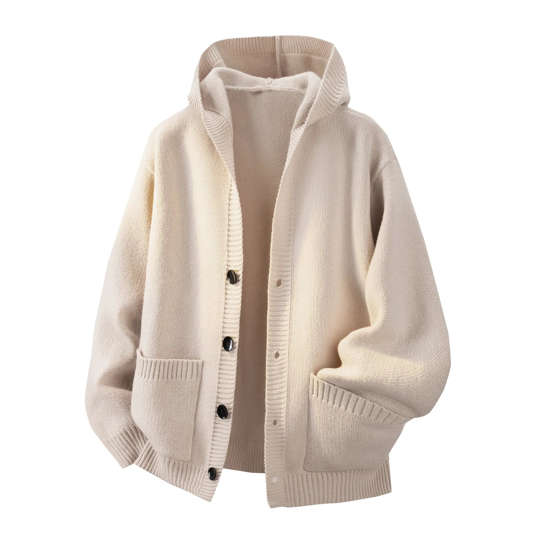 Men's heavyweight buttoned hooded pullover sweater - Khaki