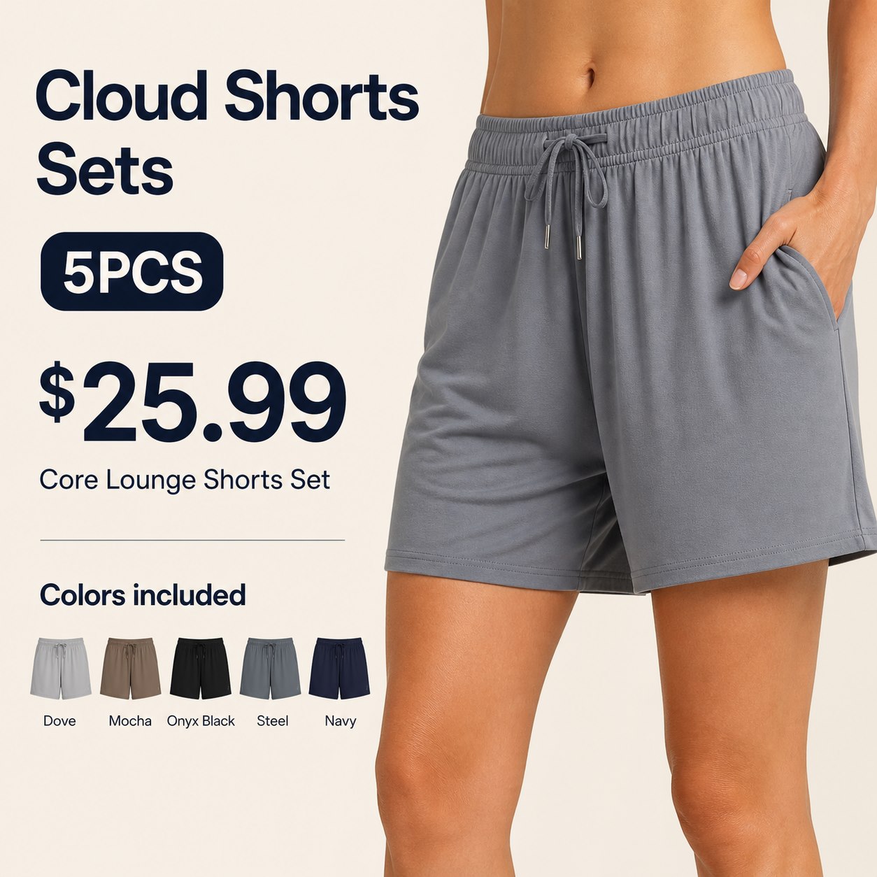 Unisex Cloud Shorts Multi-Piece Lounge Sets 5PCS Core Lounge Shorts Set (Dove, Mocha, Onyx Black, Steel, Navy) bundle main image