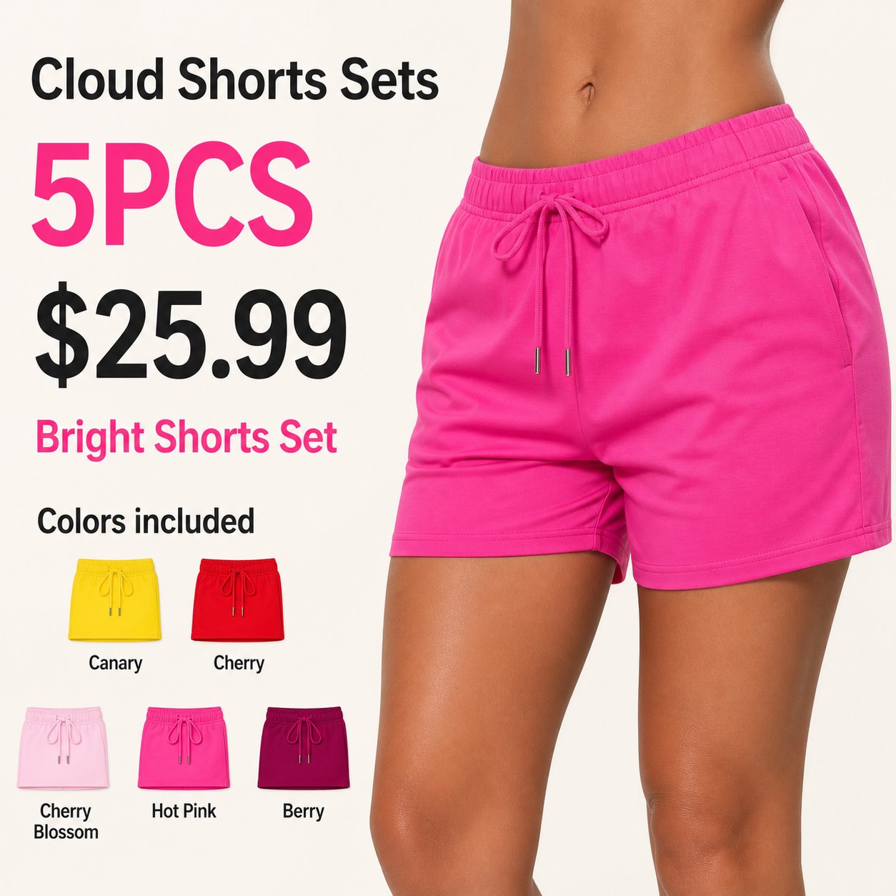 Unisex Cloud Shorts Multi-Piece Lounge Sets 5PCS Bright Shorts Set (Canary, Cherry, Cherry Blossom, Hot Pink, Berry) bundle main image