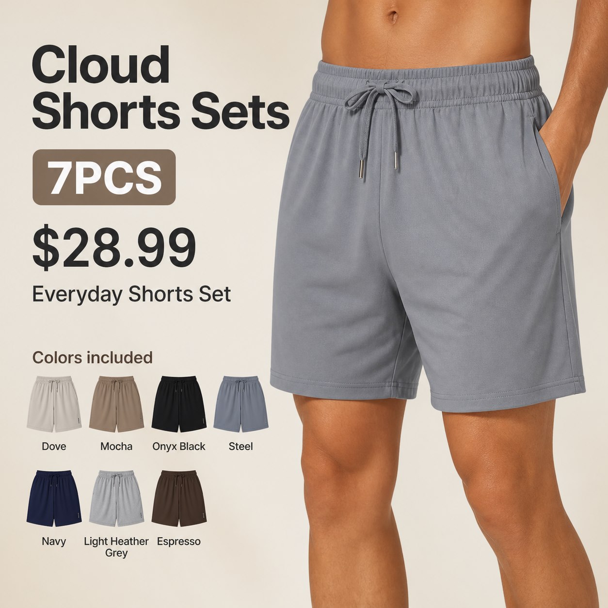 Unisex Cloud Shorts Multi-Piece Lounge Sets 7PCS Everyday Shorts Set (Dove, Mocha, Onyx Black, Steel, Navy, Light Heather Grey, Espresso) bundle main image