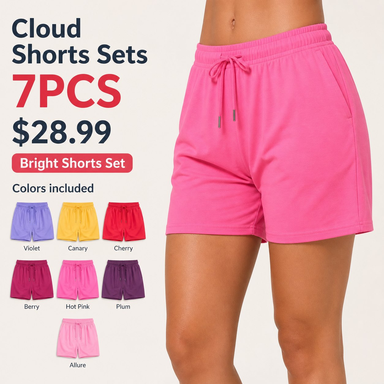 Unisex Cloud Shorts Multi-Piece Lounge Sets 7PCS Bright Shorts Set (Violet, Canary, Cherry, Berry, Hot Pink, Plum, Allure) bundle main image