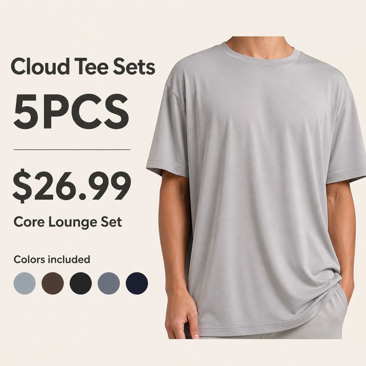 Unisex Cloud Tee Multi-Piece Lounge Sets 5PCS Core Lounge Set (Dove, Mocha, Onyx Black, Steel, Navy) bundle main image