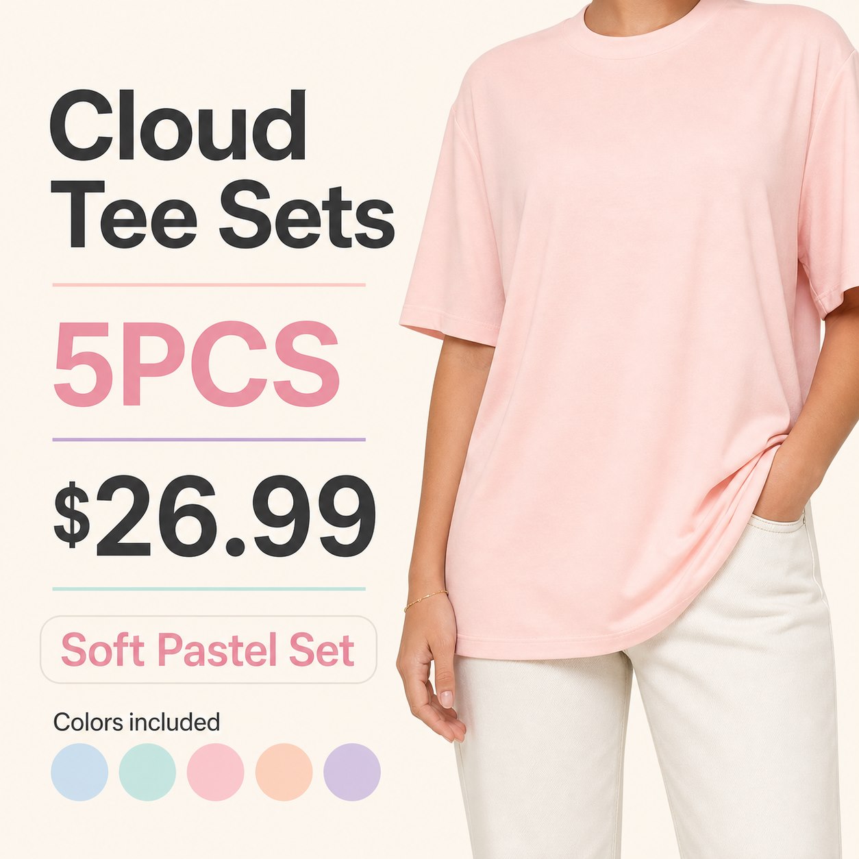 Unisex Cloud Tee Multi-Piece Lounge Sets 5PCS Soft Pastel Set (Baby Blue, Mint, Bubblegum, Peach, Lavender) bundle main image