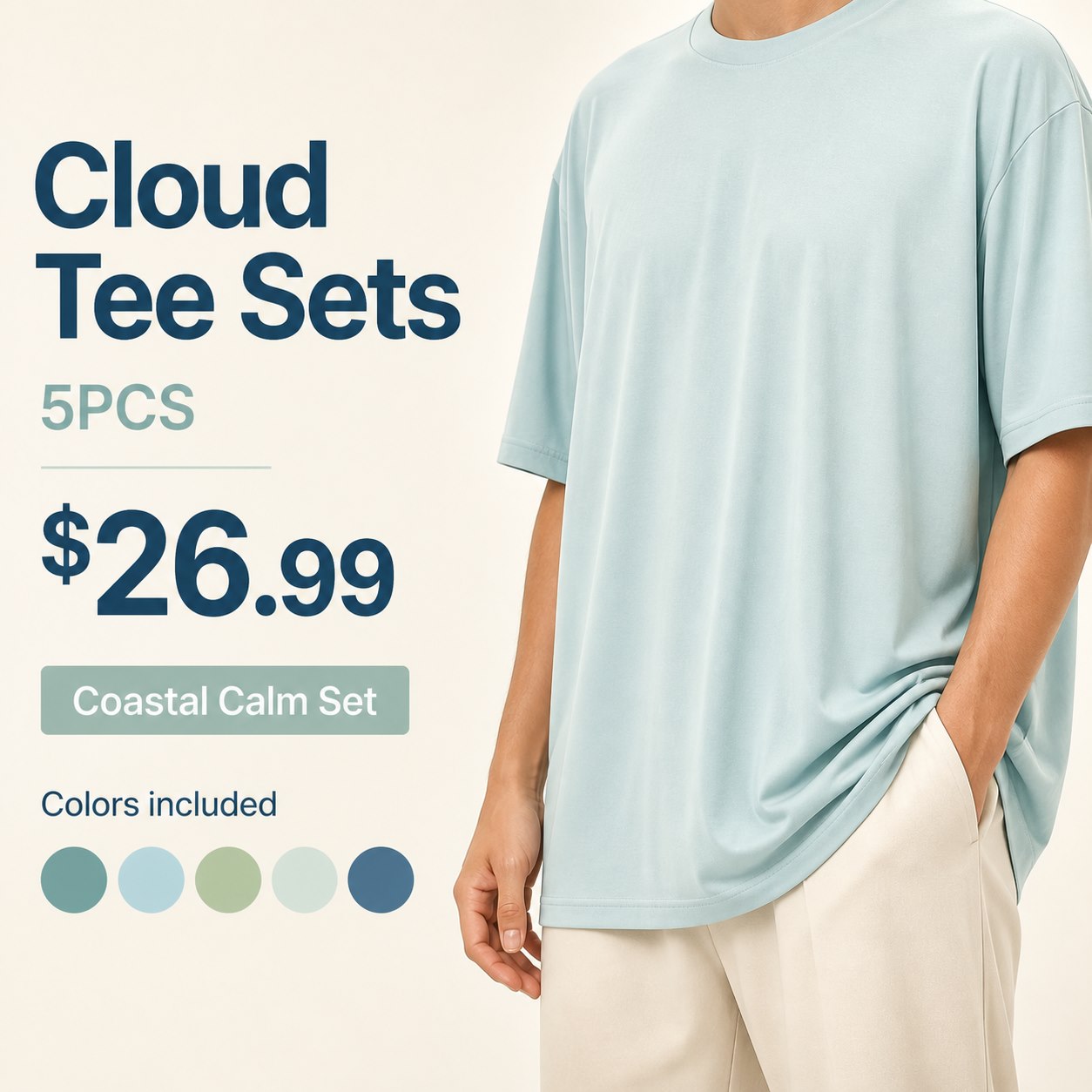 Unisex Cloud Tee Multi-Piece Lounge Sets 5PCS Coastal Calm Set (Sky, Powder Blue, Sage Green, Opal, Allure) bundle main image