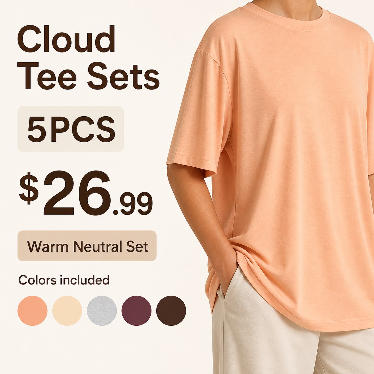 Unisex Cloud Tee Multi-Piece Lounge Sets 5PCS Warm Neutral Set (Petal Peach, Buttercream, Light Heather Grey, Plum, Espresso) bundle main image
