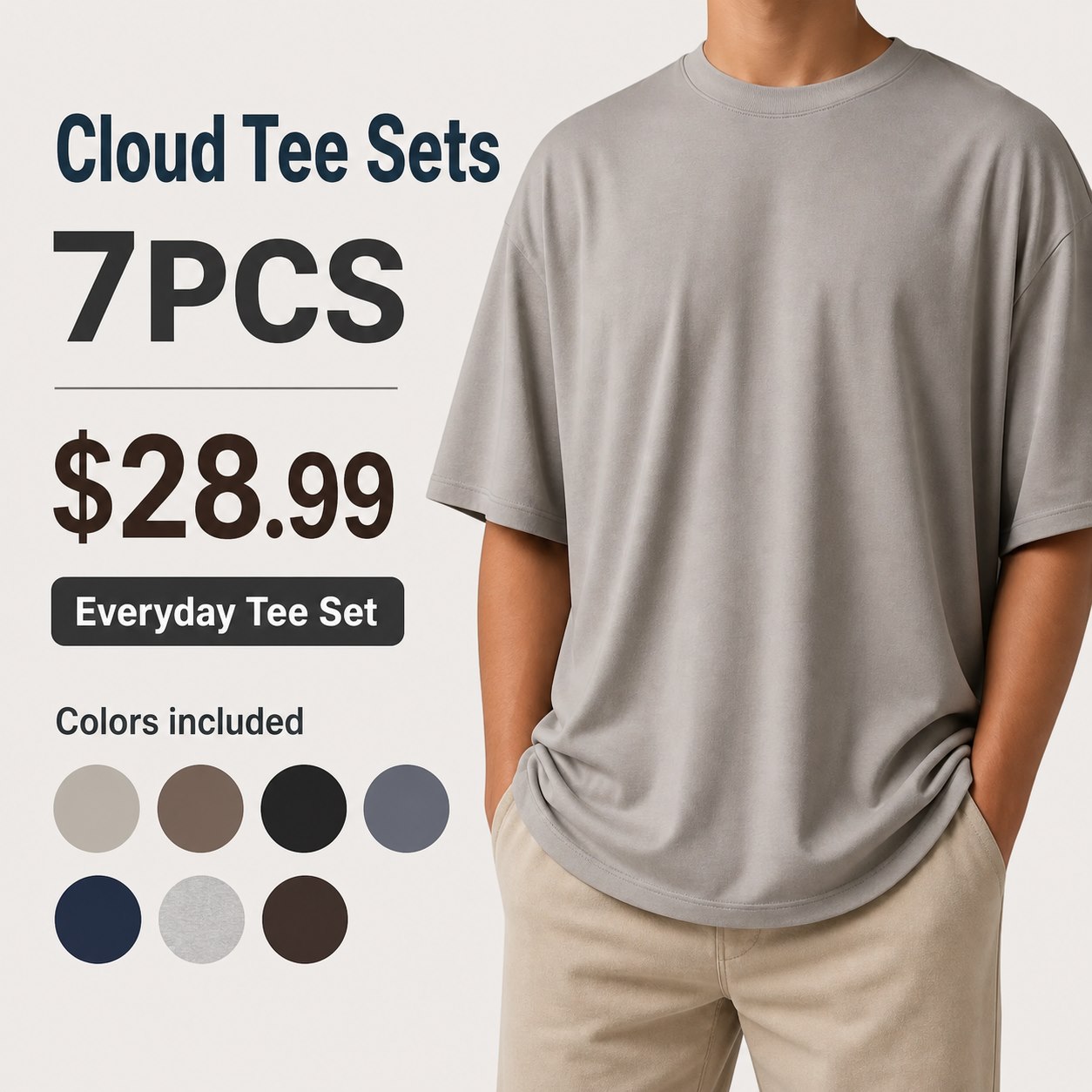 Unisex Cloud Tee Multi-Piece Lounge Sets 7PCS Everyday Tee Set (Dove, Mocha, Onyx Black, Steel, Navy, Light Heather Grey, Espresso) bundle main image