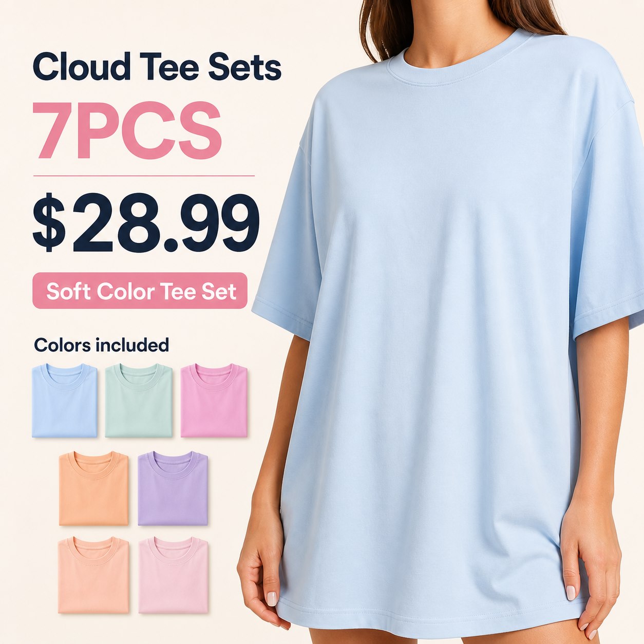 Unisex Cloud Tee Multi-Piece Lounge Sets 7PCS Soft Color Tee Set (Baby Blue, Mint, Bubblegum, Peach, Lavender, Petal Peach, Cherry Blossom) bundle main image