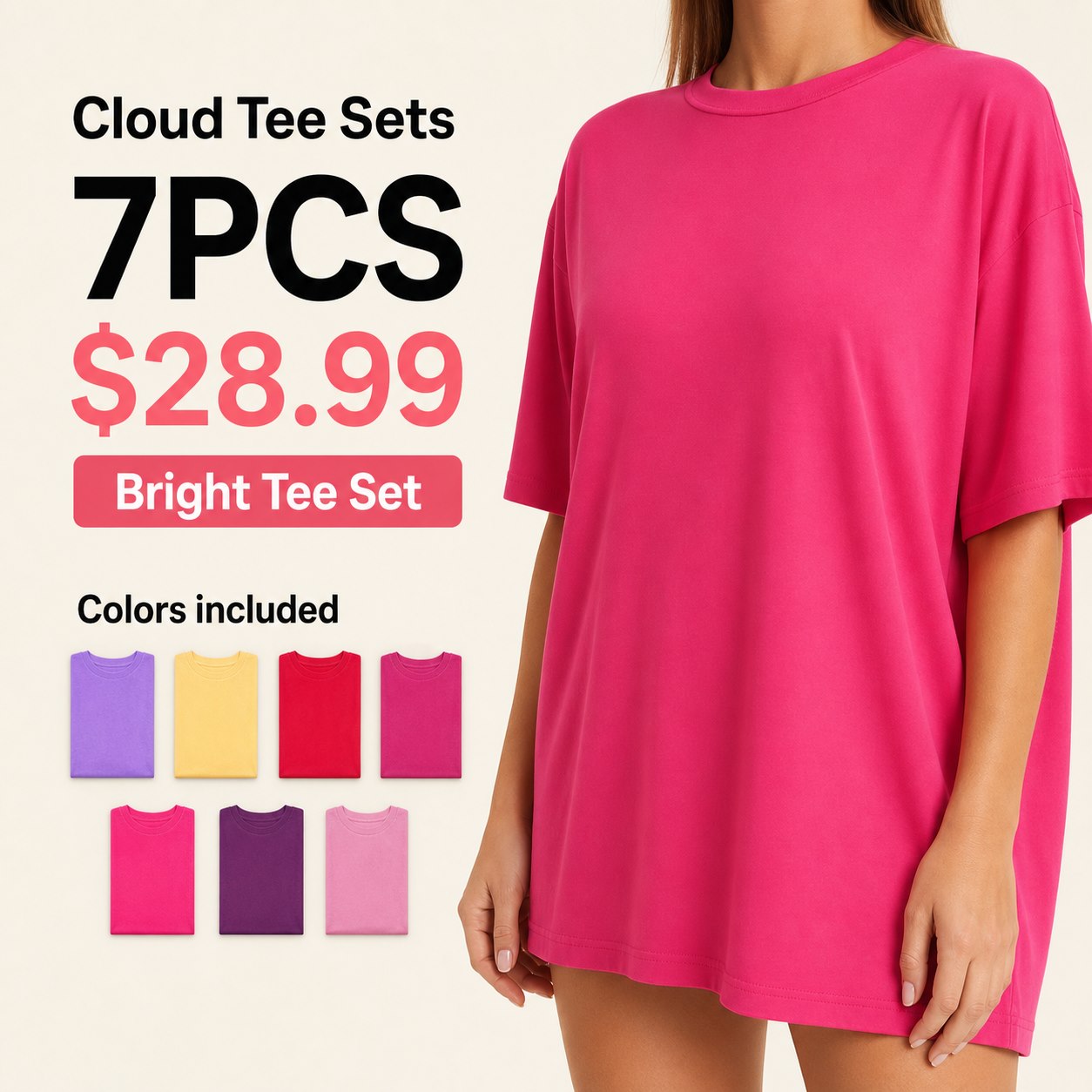Unisex Cloud Tee Multi-Piece Lounge Sets 7PCS Bright Tee Set (Violet, Canary, Cherry, Berry, Hot Pink, Plum, Allure) bundle main image