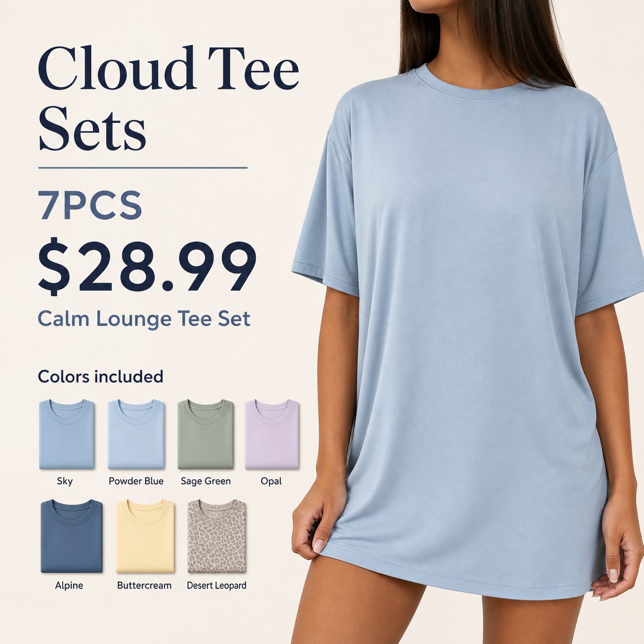 Unisex Cloud Tee Multi-Piece Lounge Sets 7PCS Calm Lounge Tee Set (Sky, Powder Blue, Sage Green, Opal, Alpine, Buttercream, Desert Leopard) bundle main image