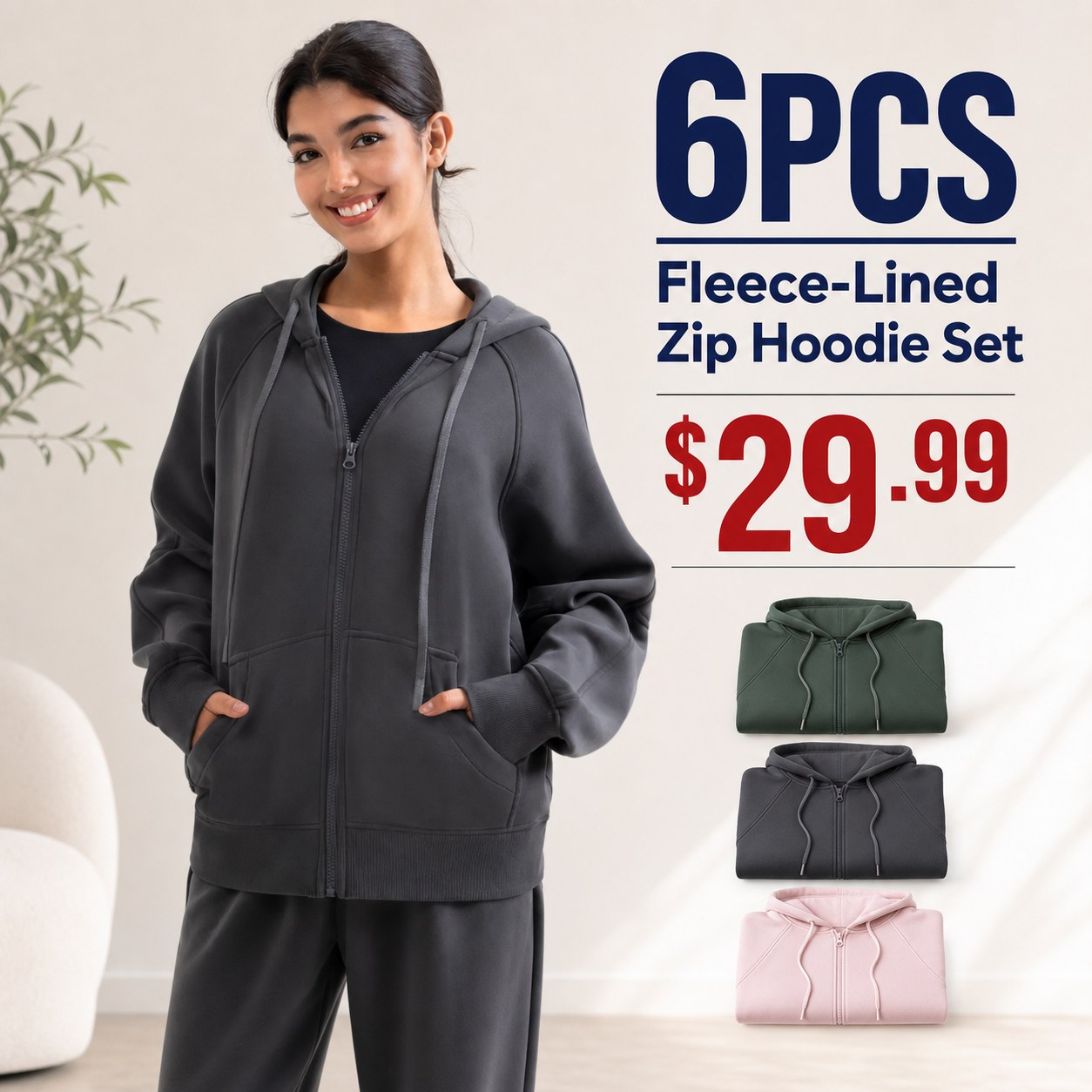 Women's Fleece-Lined Oversized Zip Hoodie 6PCS Sets 6PCS Fleece-Lined Zip Hoodie Set promotional main image