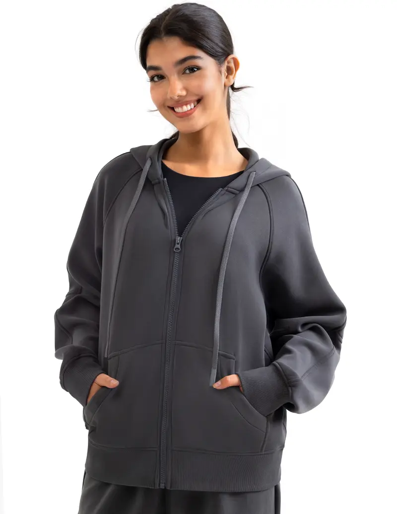 Women's Fleece-Lined Oversized Zip Hoodie 6PCS Sets FRONT front view