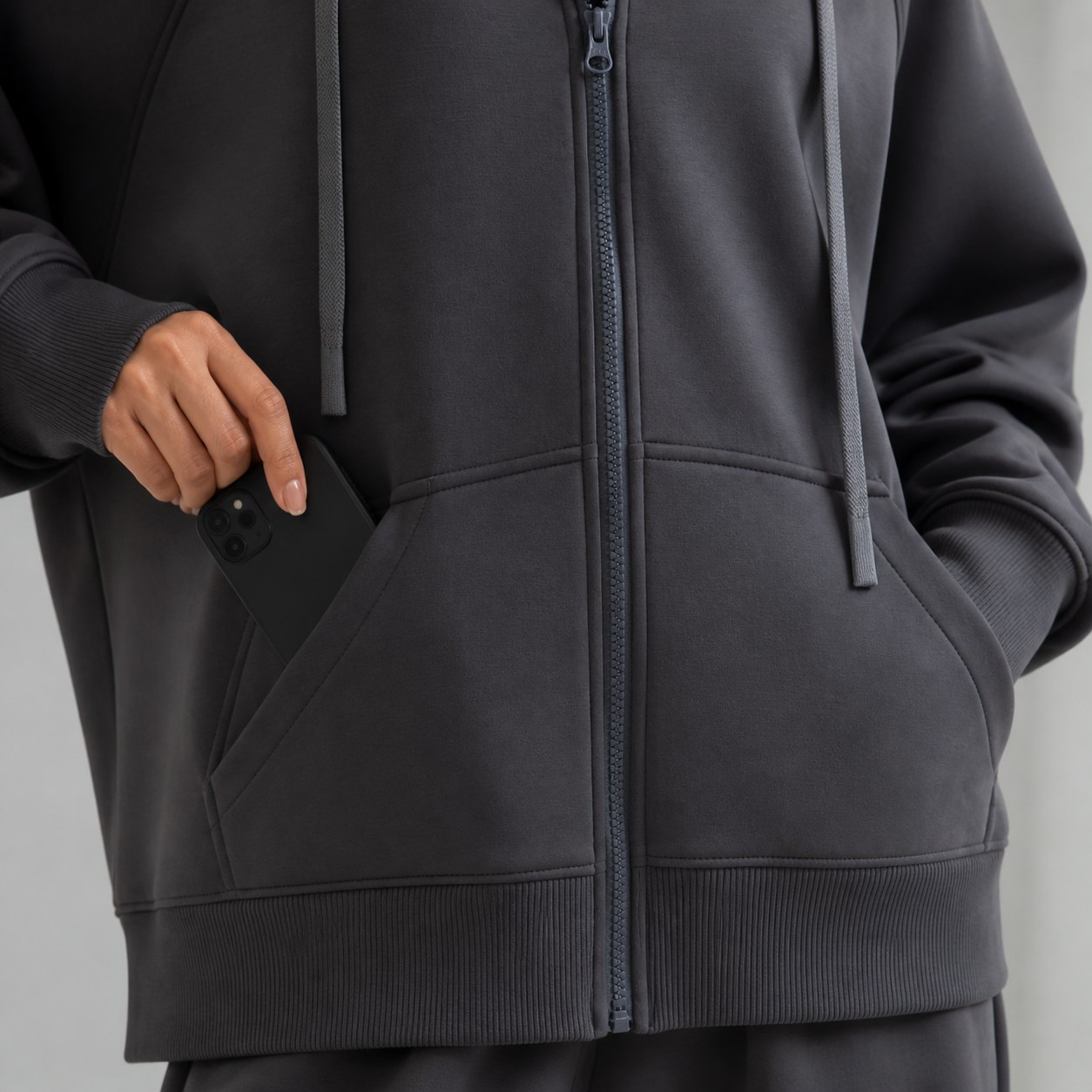 Women's Fleece-Lined Oversized Zip Hoodie 6PCS Sets KANGAROO POCKET DETAIL kangaroo pocket detail