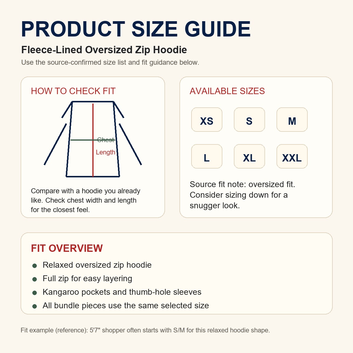 Women's Fleece-Lined Oversized Zip Hoodie 6PCS Sets PRODUCT SIZE GUIDE product size guide