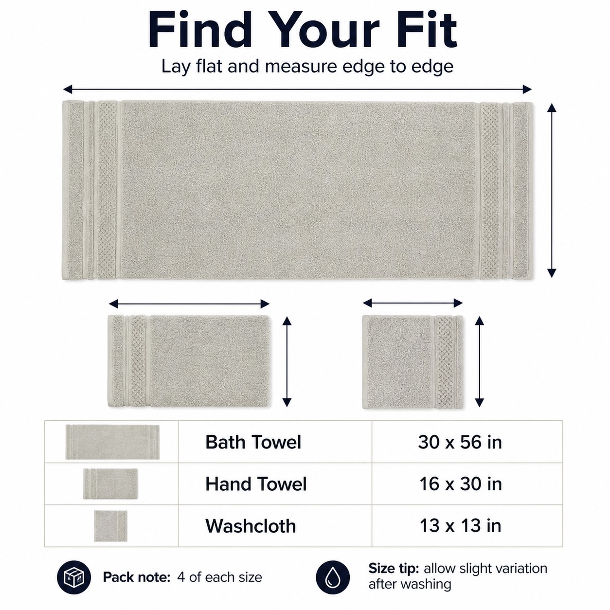 100% Cotton Solid & Texture 12-Piece Towel Set product measurement guide