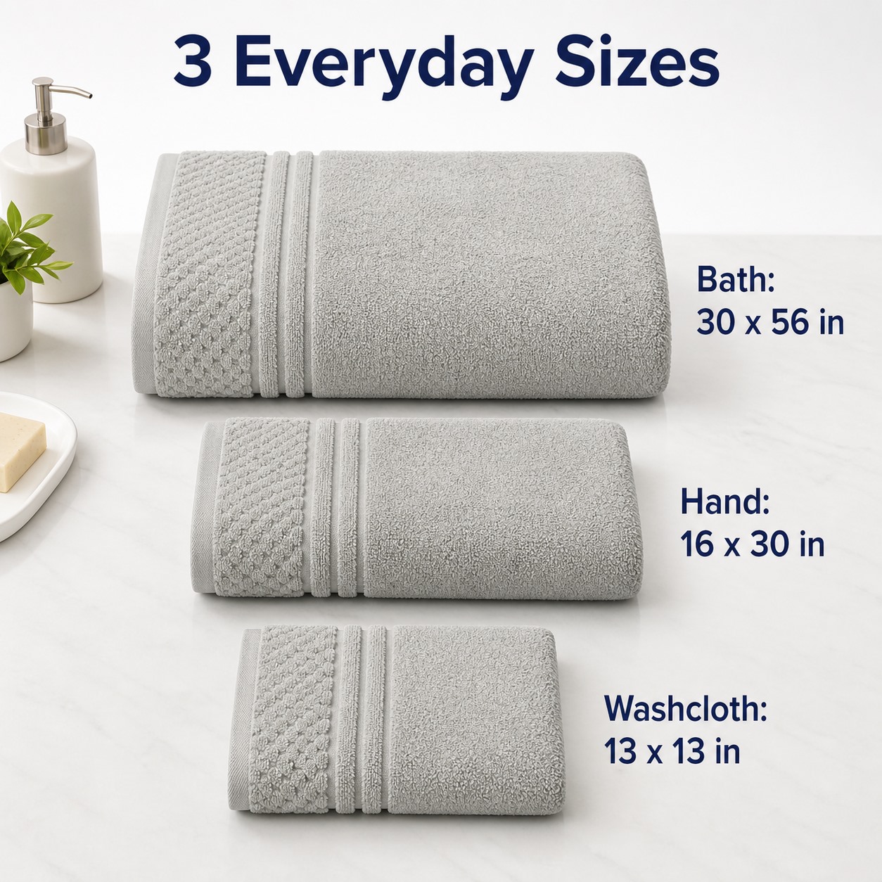 100% Cotton Solid & Texture 12-Piece Towel Set three towel sizes view