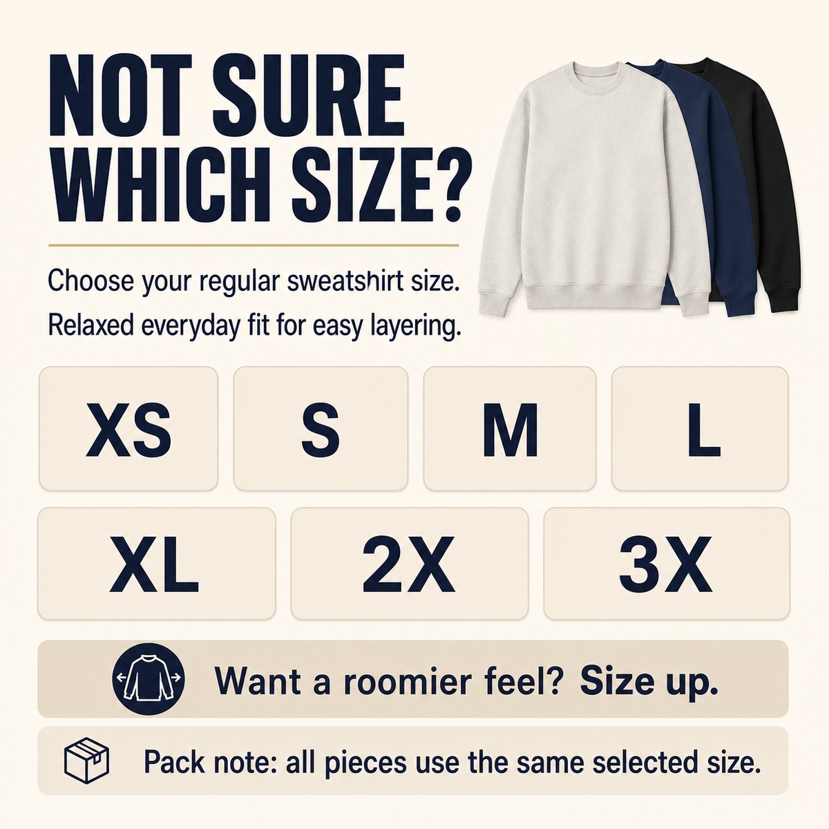 Lightweight Crew Neck Sweatshirt 5PCS Sets LAZY SIZE GUIDE quick size guide