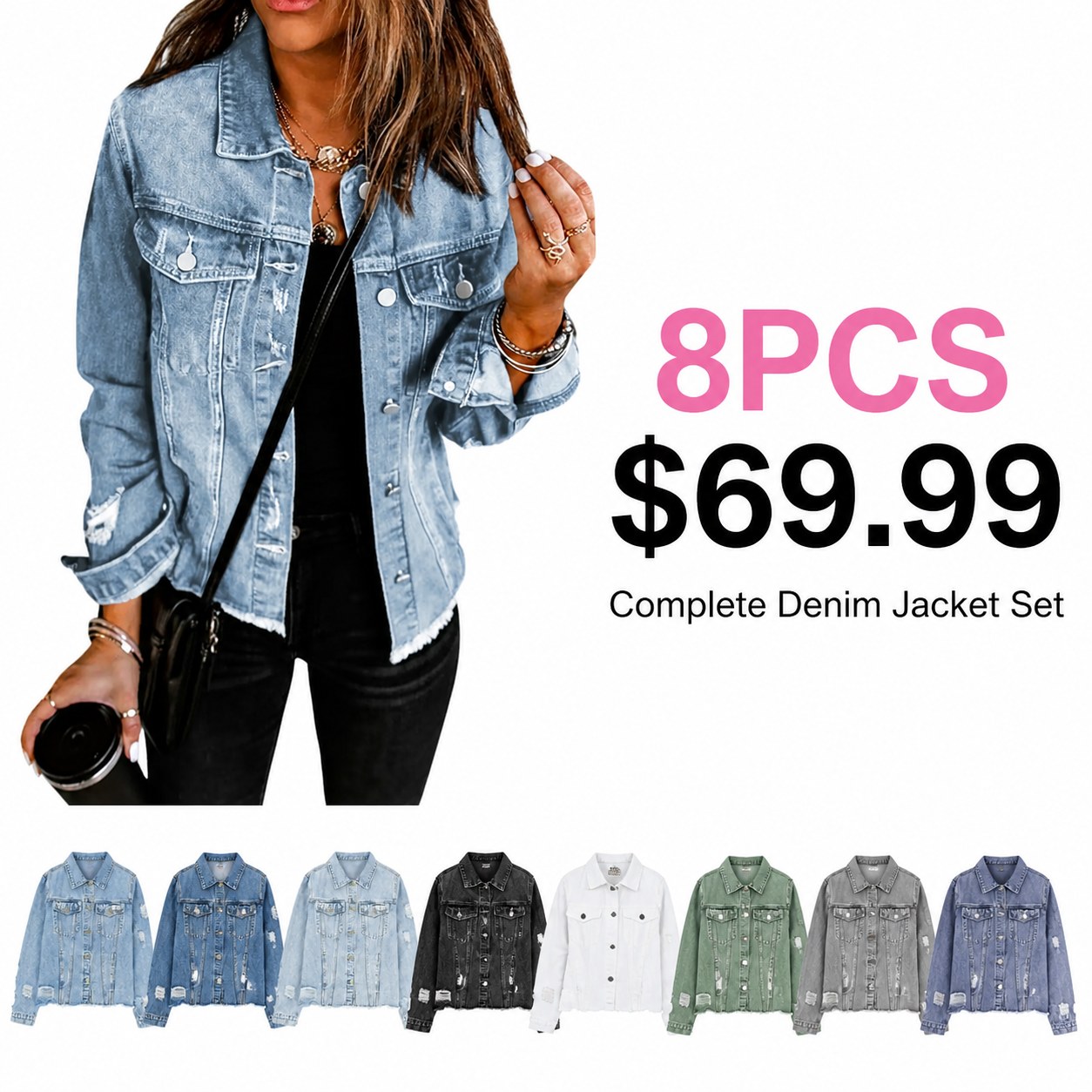 Women's Distressed Denim Jacket Multi-Piece Sets 8PCS Distressed Denim Jacket Sets promotional main image