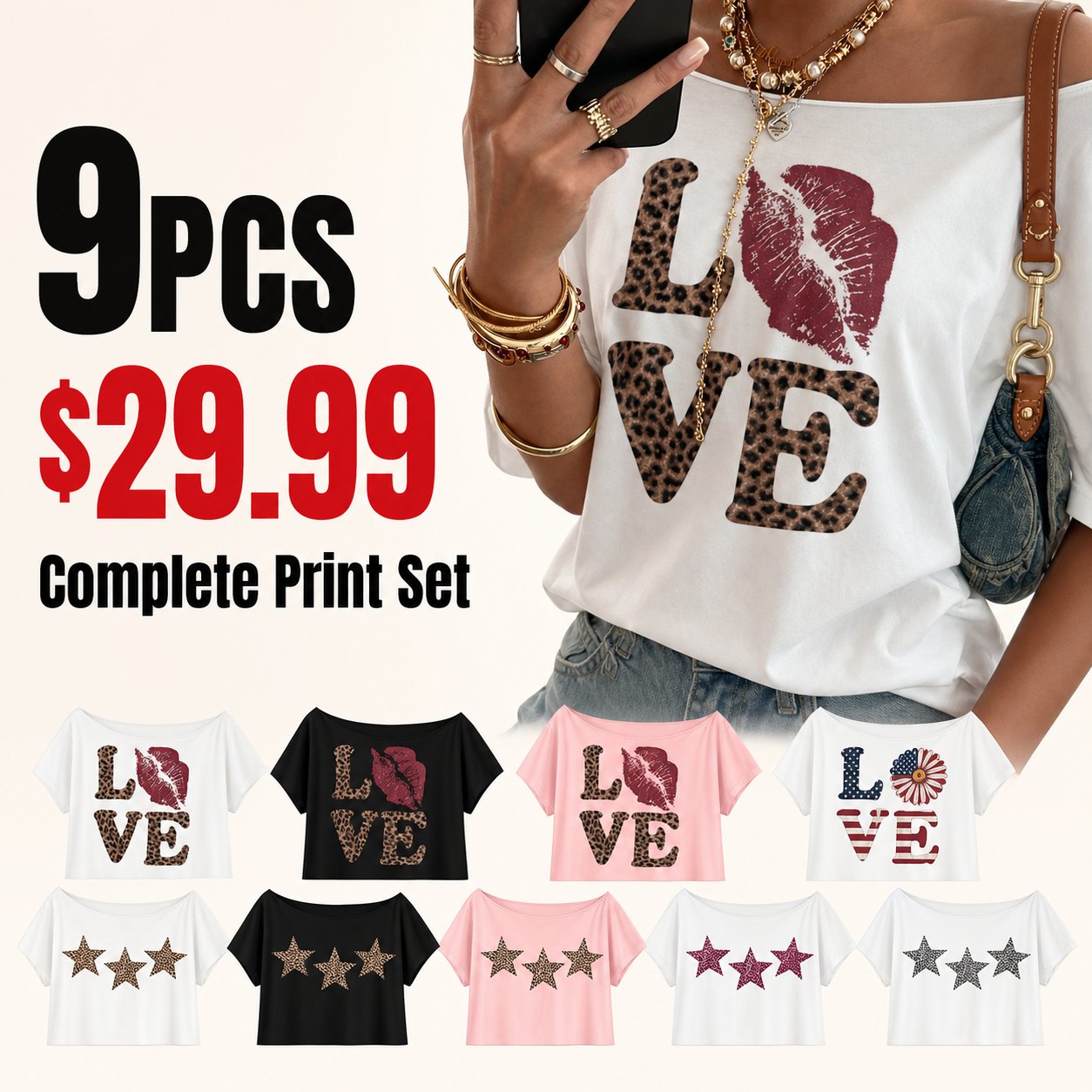 Women's Off-Shoulder Leopard Print Tee Multi-Piece Sets 9PCS Off-Shoulder Leopard Print Tee Sets promotional main image