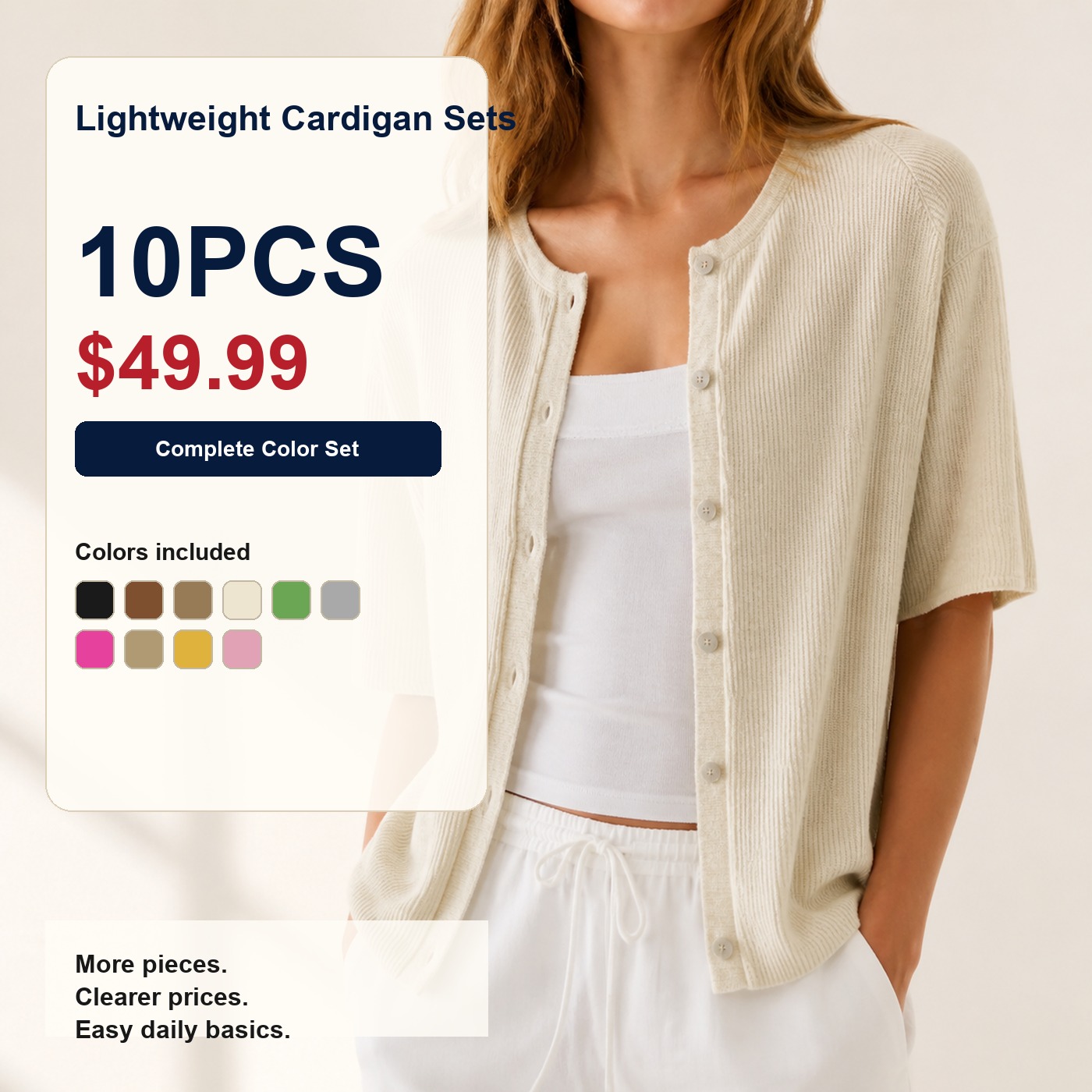 Women's Lightweight Button-Down Cardigan Multi-Piece Sets 10PCS Lightweight Cardigan Sets promotional main image