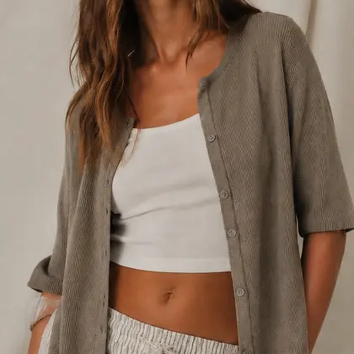 Women's Lightweight Button-Down Cardigan Multi-Piece Sets DETAIL ribbed knit and button detail
