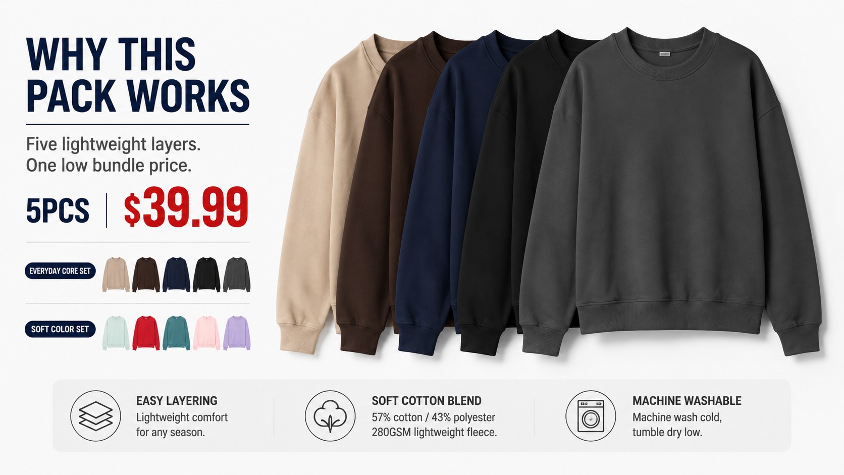 Lightweight Crew Neck Sweatshirt 5PCS Sets BUNDLE VALUE STRIP