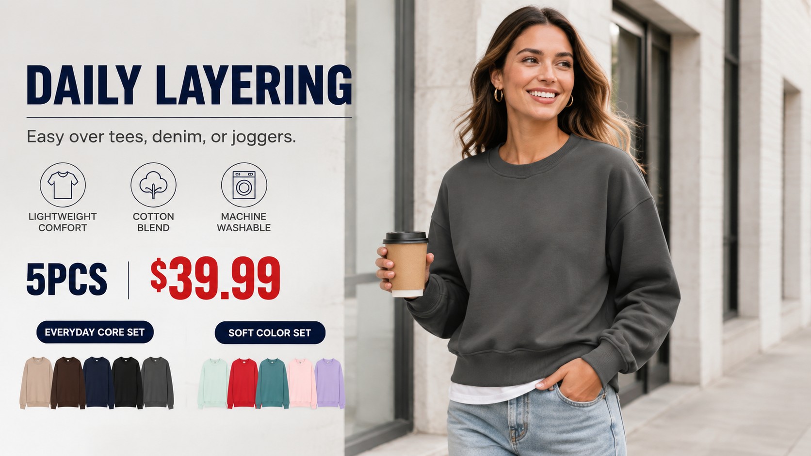 Lightweight Crew Neck Sweatshirt 5PCS Sets DAILY LAYERING