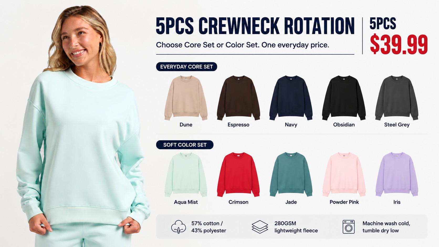 Lightweight Crew Neck Sweatshirt 5PCS Sets PRODUCT DECISION HERO