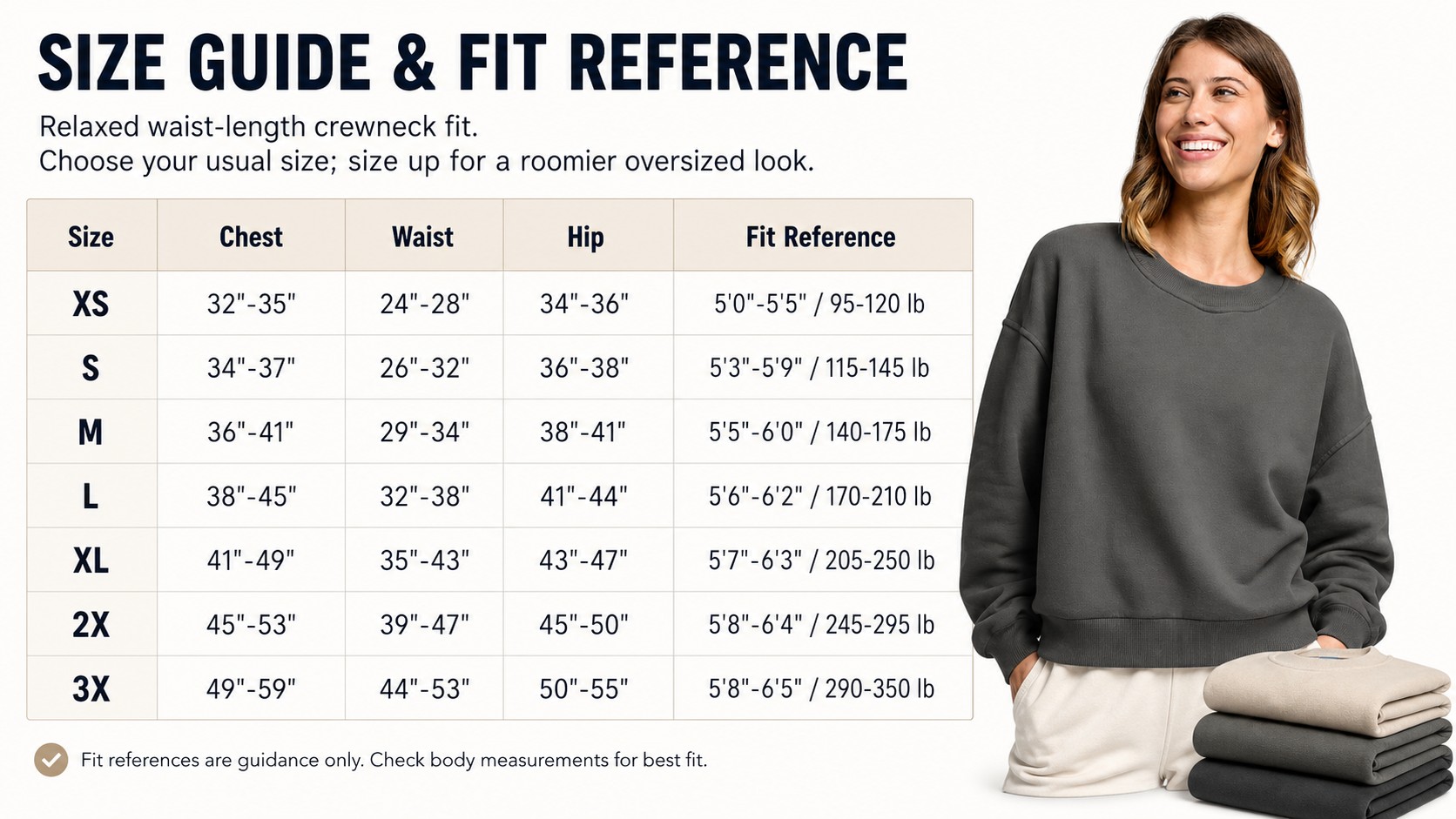 Lightweight Crew Neck Sweatshirt 5PCS Sets SIZE GUIDE & FIT REFERENCE