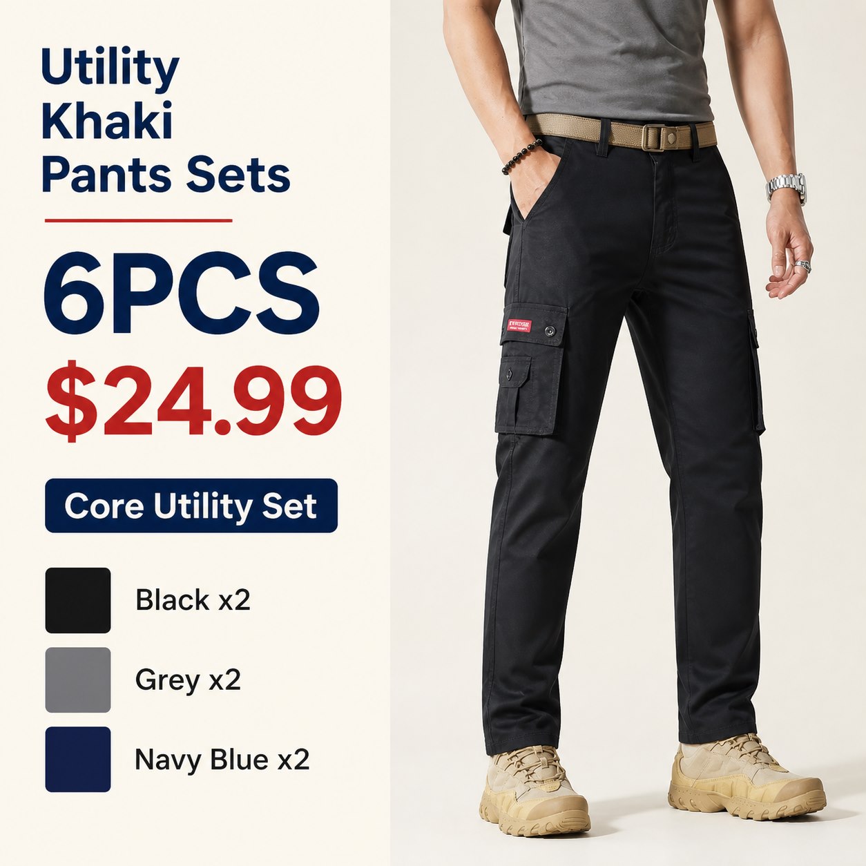Men's Multi-Pocket Utility Khaki Pants Multi-Piece Sets 6PCS Core Utility Set (Black x2, Grey x2, Navy Blue x2) bundle main image