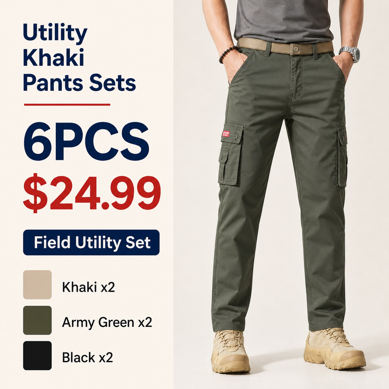 Men's Multi-Pocket Utility Khaki Pants Multi-Piece Sets 6PCS Field Utility Set (Khaki x2, Army Green x2, Black x2) bundle main image