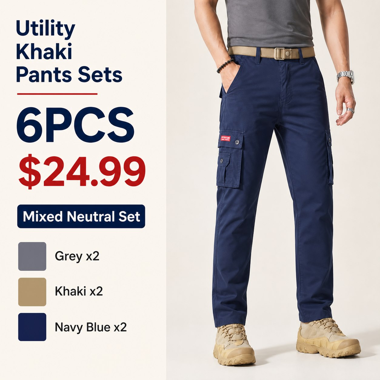 Men's Multi-Pocket Utility Khaki Pants Multi-Piece Sets 6PCS Mixed Neutral Set (Grey x2, Khaki x2, Navy Blue x2) bundle main image